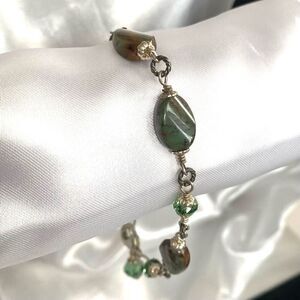 MK# Green & Brown Agate & Sterling 925 Silver Bracelet